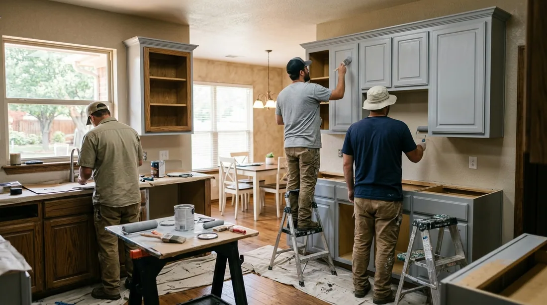 A small professional crew working on a cabinet painting job at a property, seen from behind and at — Lawton, OK